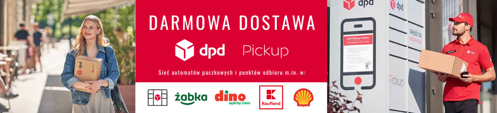 Kobieta z paczką oraz informacja o darmowej dostawie dpd pickup